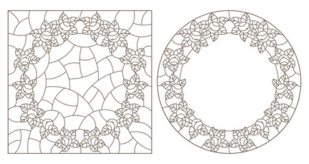 Set of contour illustrations of stained glass Windows with oranges and leaves, dark outlines on a white background