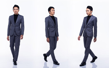 Full Length Snap Figure, Asian Business Man walks left right in dark Black proper Suit pants and shoes, studio lighting white background isolated, Tanned Male Model pose many act, collage group pack