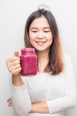 Blueberry smoothy drink bottle with asian women summer drink