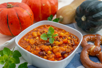 home made healthy autumn chili con carne with pumpkin 