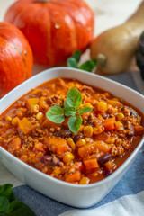 home made healthy autumn chili con carne with pumpkin 