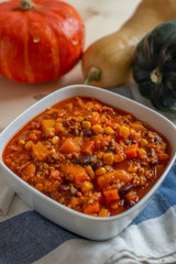 home made healthy autumn chili con carne with pumpkin 