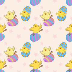  Cute chickens and Easter eggs seamless pattern.