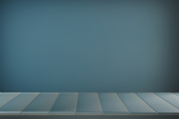 wooden table with view  blue backdrop.you can used for display products. or add your own text on space.