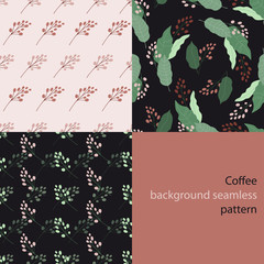 Materiał do szycia Coffee background seamless pattern set. Coffee tree branch with grains. Fine texture for fabric textile interior wallpaper tile gift wrap backdrop surface print cover.1