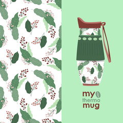 Materiał do szycia Coffee background seamless pattern. My thermo mug for coffee or tea. Zero plastic, zero waste. Ecological problems, global warming. Eco goods.1