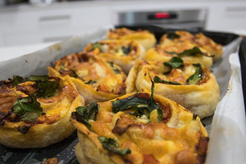 Homemade Pizza Cheesy Vegetable Scrolls Baked In A Family Kitchen Straight From The Oven With Fresh Healthy Ingredients