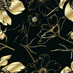Vector Cosmos floral botanical flowers. Black and white engraved ink art. Seamless background pattern. - 297039049