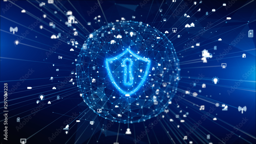 Poster secure digital data network. cloud computing cyber security concept. earth element furnished by nasa