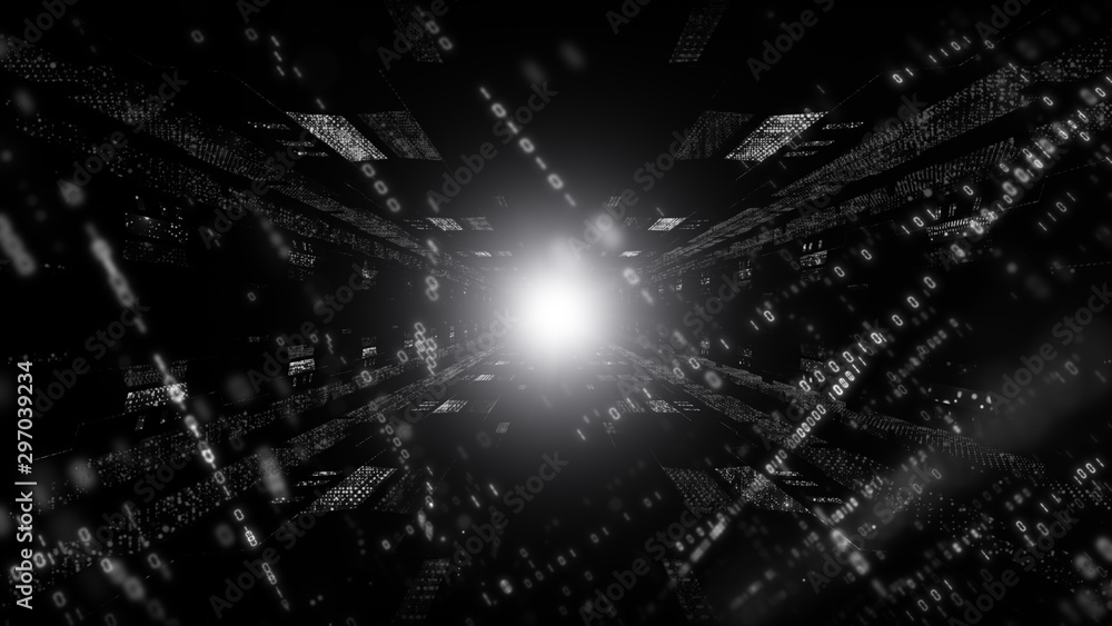 Aufkleber digital cyberspace with particles and digital data network connections concept. black and white colo