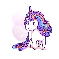 Beauty magical unicorn standing pastel color, kawaii cartoon vector