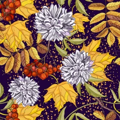 Gordijnen Seamless background, wreath, bouquets of autumn maple leaves, Rowan berries, chrysanthemums. Suitable for greeting cards, harvest festival, thanksgiving, birthday, wedding, sale, discount © EVGENIIA