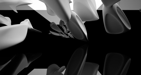 Abstract smooth architectural white and black gloss interior of a minimalist house with large windows. 3D illustration and rendering.