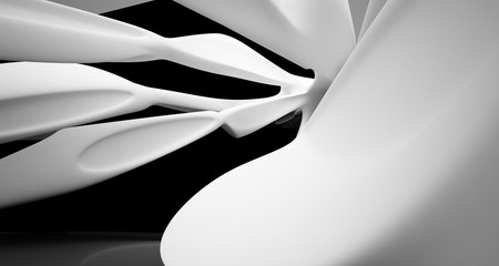 Abstract smooth architectural white and black gloss interior of a minimalist house with large windows. 3D illustration and rendering.