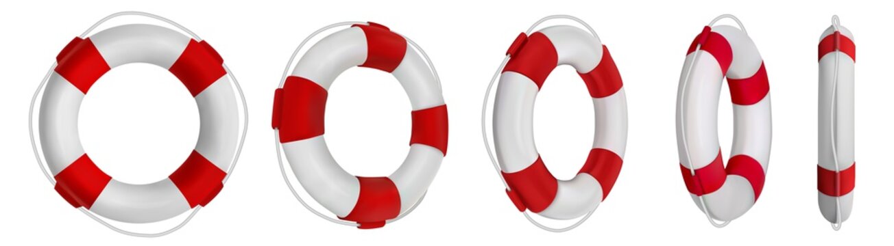 3d rescue life belt illustrations. 5 different perspectives of lifeboat, buoy. Realistic vetor illustration collection. Set of lifeline icons isolated.