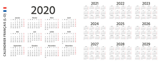 French Calendar 2020, 2021, 2022, 2023, 2024, 2025, 2026, 2027, 2028, 2029 years. Week starts Monday. Vector. France calender wall template. Yearly organizer. Horizontal orientation. Simple design.