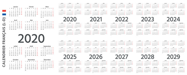 French Calendar 2020, 2021, 2022, 2023, 2024, 2025, 2026, 2027, 2028, 2029 years. Week starts Monday. Vector. France calender wall template. Portrait orientation. Yearly organizer. Simple design.