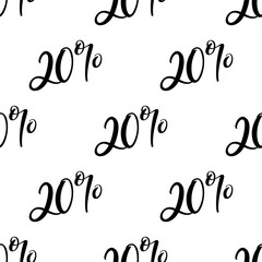 Handdrawn lettering seamless pattern, sale background with 20 percent on the white. Seasonal handwritten design for black Friday offer banner, vector illustration.