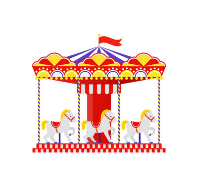 Carousel horse. Merry go round. Vector. Vintage amusement park carrousel. Funfair ride flat icon, isolated on white background. Cartoon illustration. Swinging playground.