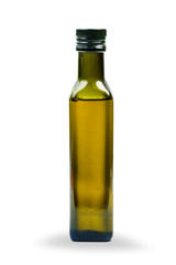 Glass bottle of olive oil isolated