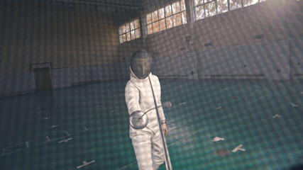 Young fencers with swords are fighting in the school gym