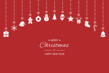 Xmas background with ornaments. Hanging Christmas icons with wishes. Vector