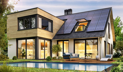 Fototapeta Modern house with solar panels and pool obraz