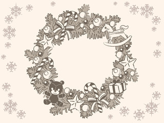 Christmas wreath with pine branches and decorative items. Vintage style. Vector illustration.