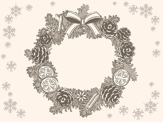 Christmas wreath with pine branches and decorative items. Vintage style. Vector illustration.