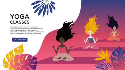 Banner or screen template for school website or yoga studio, meditation classes. Bright tropic banner with practicing meditation girls of different nationalities. Vector