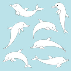 Dolphin, collection of linear contours. vector drawing for coloring book.