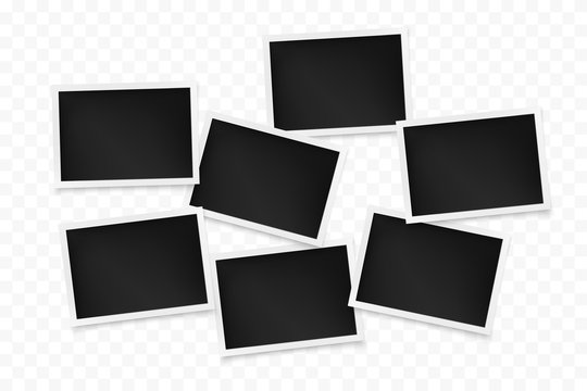 Set of horizontal photo frames on transparent background. Template of photography board. Vector illustration