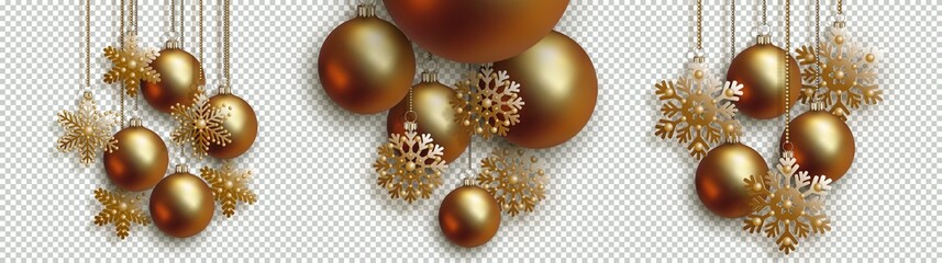 Christmas and New Year golden Christmas ball snowflakes on chain, vector