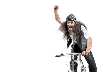 Obraz na płótnie Canvas Portrait of a nerdy cyclist making a victory gesture