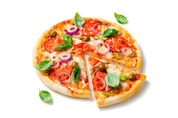 Italian pizza with melted mozzarella cheese green olives and tomato garnished with fresh vegetables and basil leaves.isolated on white background - obrazy, fototapety, plakaty