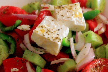 Greek salad with feta cheese, close up
