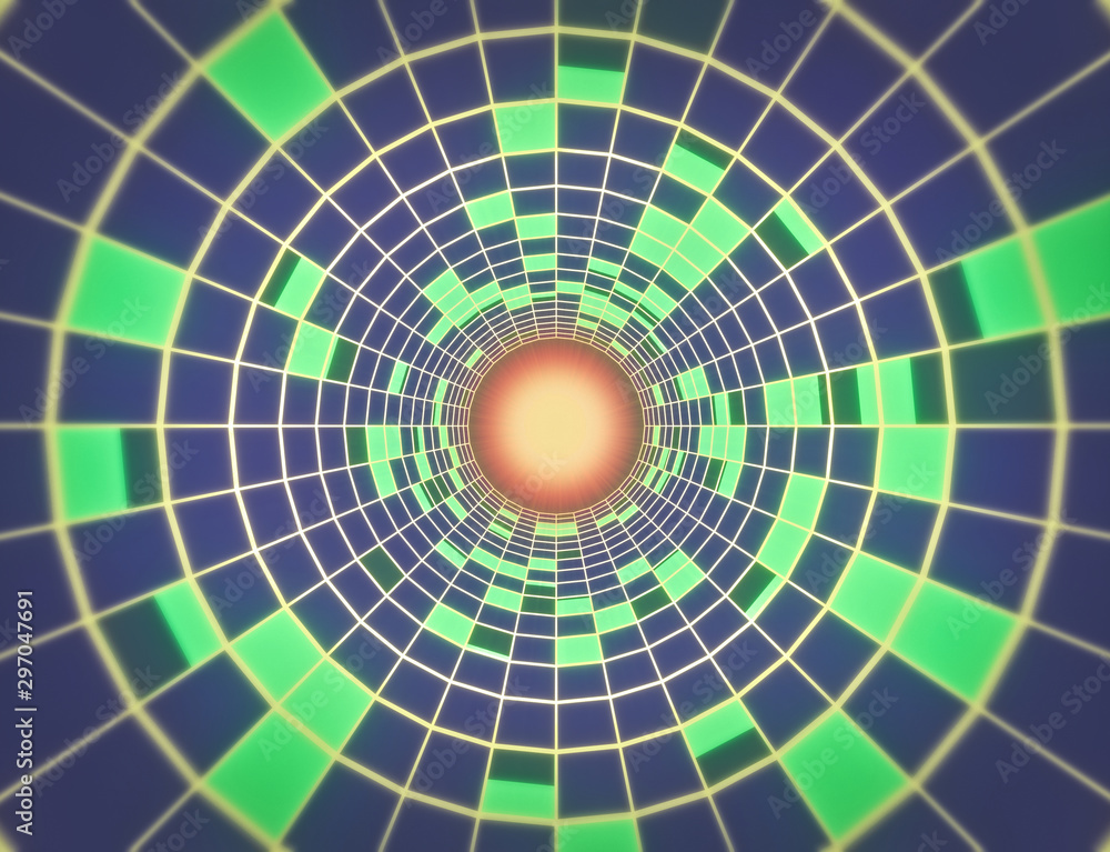 Poster abstract sci-fi circular background. glowing neon round tunnel. 3d rendering
