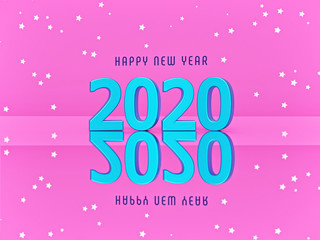 poster of 2020 happy new year on pink background with stars. minimal greeting card. 3d rendering