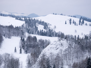 Winter mountains landscape. Beresnik Mount and Kociubylska Skala in Pieniny, Poland.