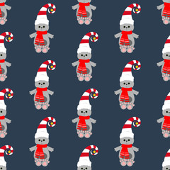 Cat in christmas costume in snowball seamless pattern