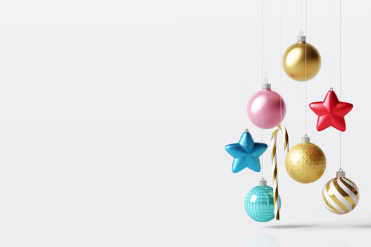 Christmas decoration ball, star, candy can with copy space on white bright background. 3d rendering