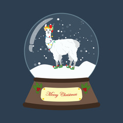 Llama in christmas costume in snowball