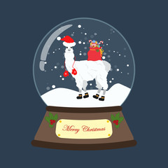 Llama in christmas costume in snowball