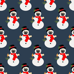 Pug in snowman costume seamless pattern