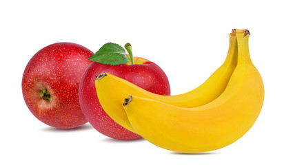 Fresh bananas and red apples isolated on white background with clipping path
