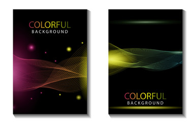 Set of cover abstract colorful wave line shapes with lighting concept on dark background. Modern vector design template for use brochure corporate, flyer, presentation