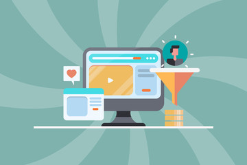 Video marketing increase conversion rate, sales funnel optimization, digital content for social media concept. Flat design business banner for web, blog, presentation, template.