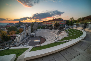 Warm autumn sunset over ancient roman amphitheatre in Plovdiv city - european capital of culture...