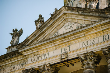 Ancient Church statues and inscriptions on the top Roman Catholic church of St. Joseph in...