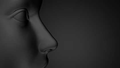 Black mannequin face on dark background at close range. The profile of the face, eyes and nose. Showcase for body piercing. 3D rendering.